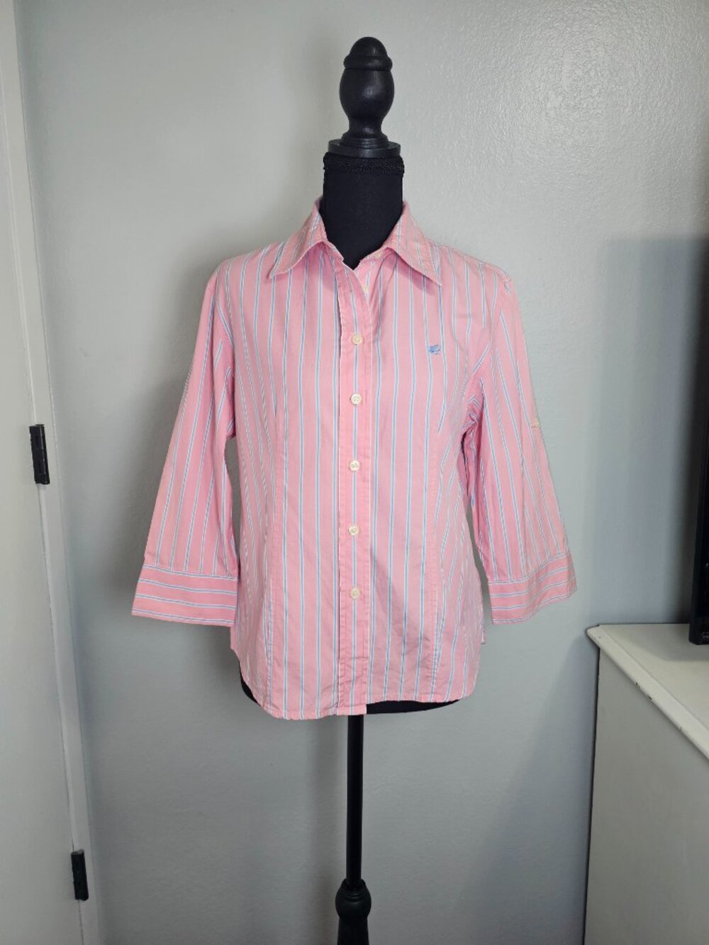 Giordano Pink & Blue Striped Button Down Shirt Women's - Size Large Fits Medium - Picture 2 of 7